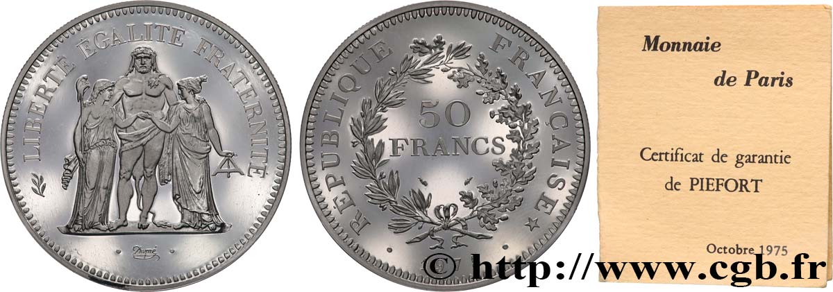 Piéfort argent de 50 francs Hercule, Certificat n°1000 (dernier numéro !) 1975  GEM.223 P1 FDC 
