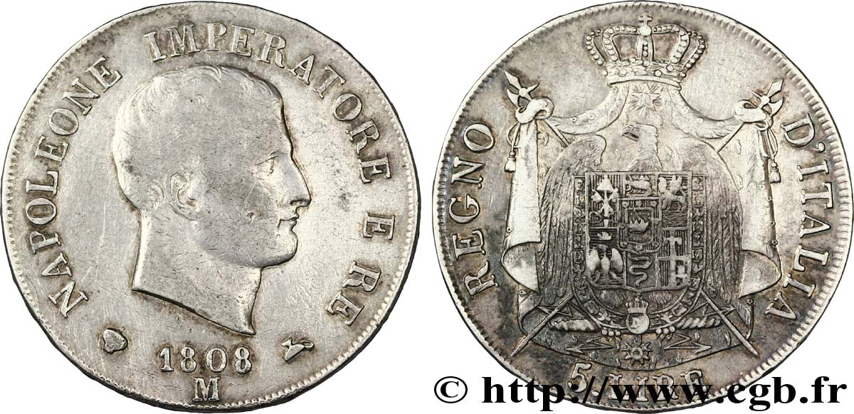 5 lire Napoléon Empereur et Roi d’Italie, 1er type, tranche en relief 1808 Milan M.218  TB20 
