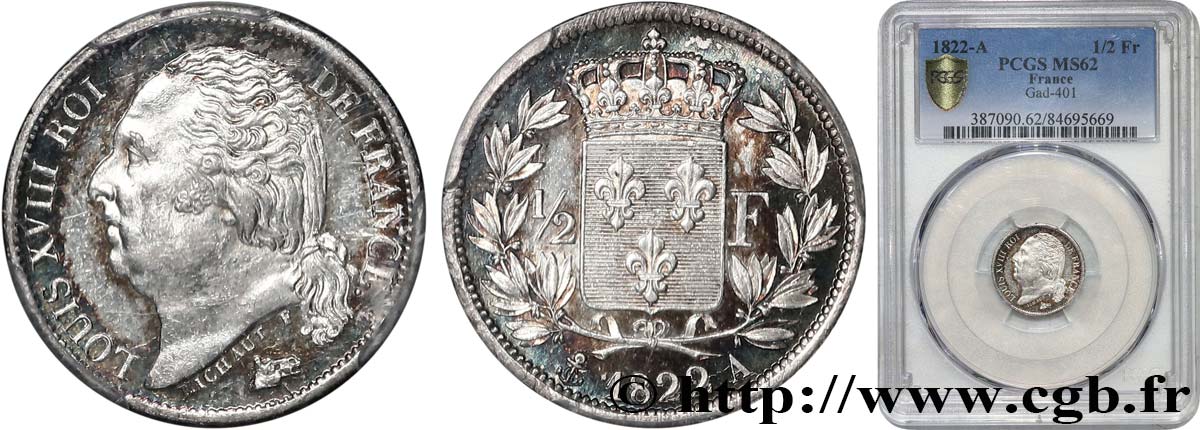 1/2 franc Louis XVIII 1822 Paris F.179/30 SUP62 PCGS