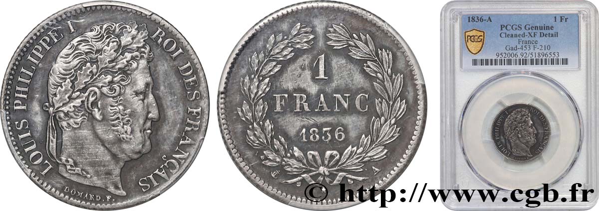 1 franc Louis-Philippe, couronne de chêne 1836 Paris F.210/50 TTB PCGS
