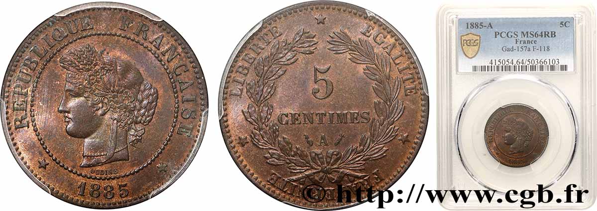 5 centimes Cérès 1885 Paris F.118/27 SPL64 PCGS