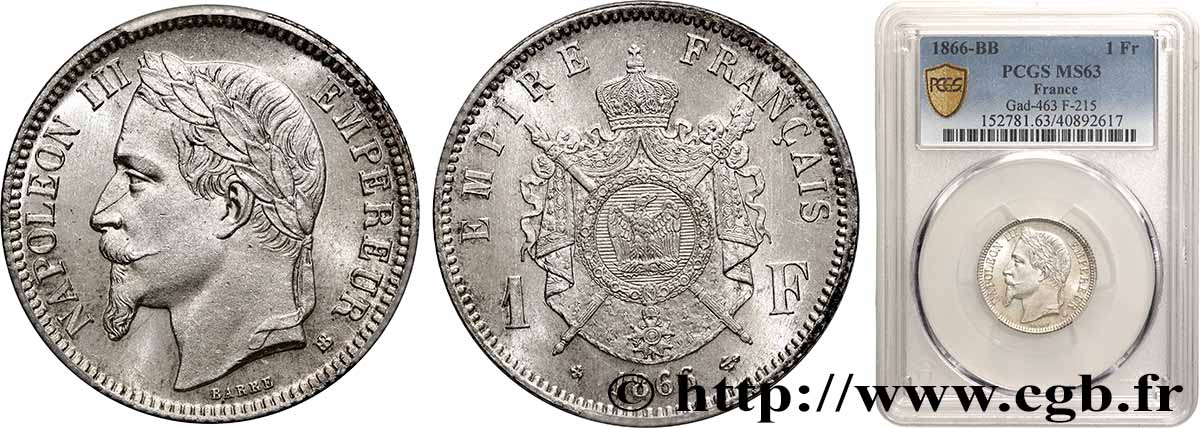 1 franc Napoléon III, tête laurée 1866 Strasbourg F.215/4 SPL63 PCGS