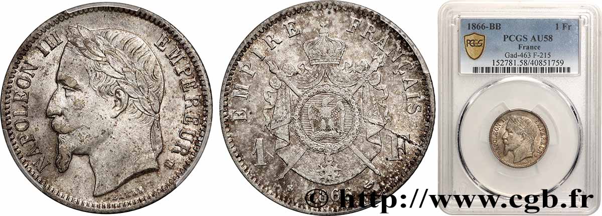 1 franc Napoléon III, tête laurée 1866 Strasbourg F.215/4 SUP58 PCGS