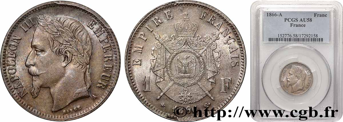 1 franc Napoléon III, tête laurée 1866 Paris F.215/3 AU58 PCGS
