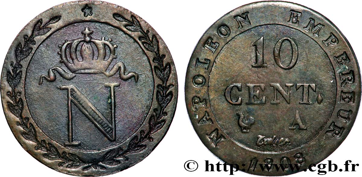 Faux de 10 cent. à l&nbsp;N couronnée 1808 Paris F.130/2 var. BB 