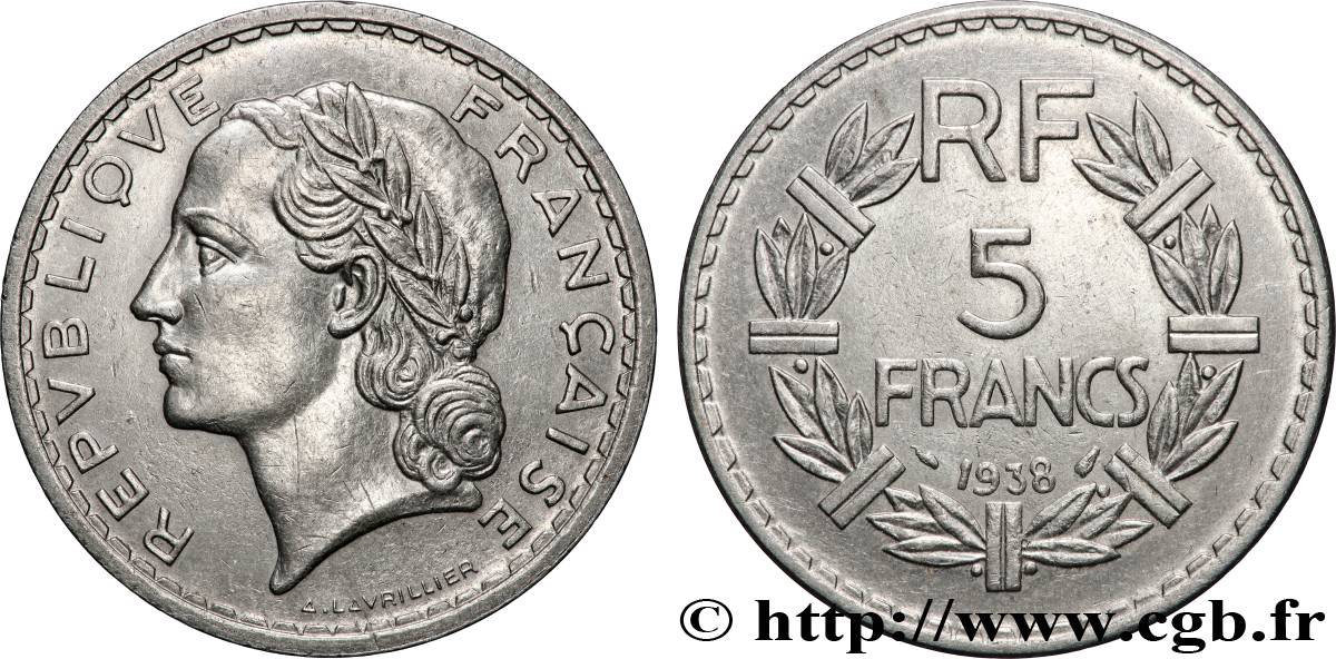5 francs Lavrillier, nickel 1938  F.336/7 TTB 