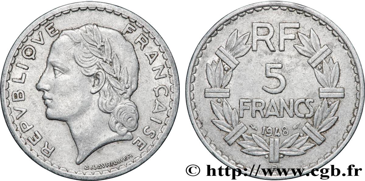 5 francs Lavrillier, aluminium, 9 fermé 1948 Beaumont-le-Roger F.339/16 TB 