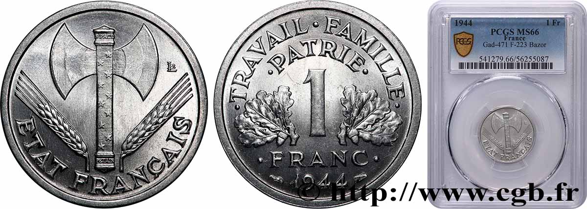 1 franc Francisque, légère 1944  F.223/5 FDC66 PCGS
