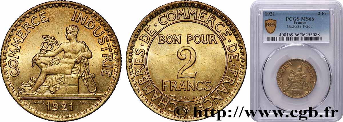2 francs Chambres de Commerce 1921  F.267/3 MS66 PCGS