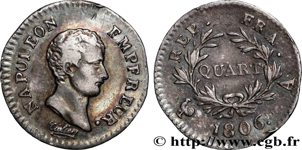 Quart (de franc) Napoléon Empereur, Calendrier grégorien 1806 Paris F.159/1 q.BB 