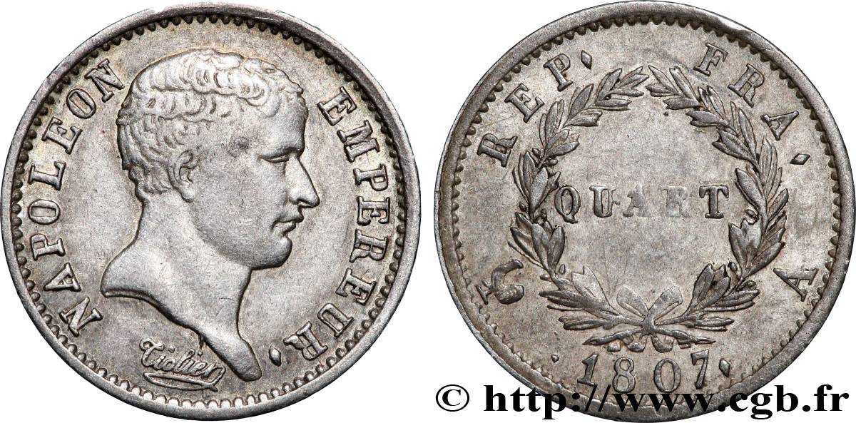 Quart (de franc) Napoléon Empereur, tête de nègre 1807 Paris F.160/1 TTB 
