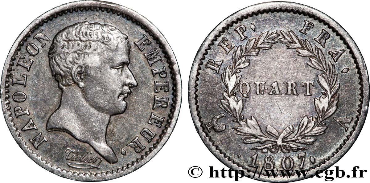 Quart (de franc) Napoléon Empereur, tête de nègre 1807 Paris F.160/1 TTB 