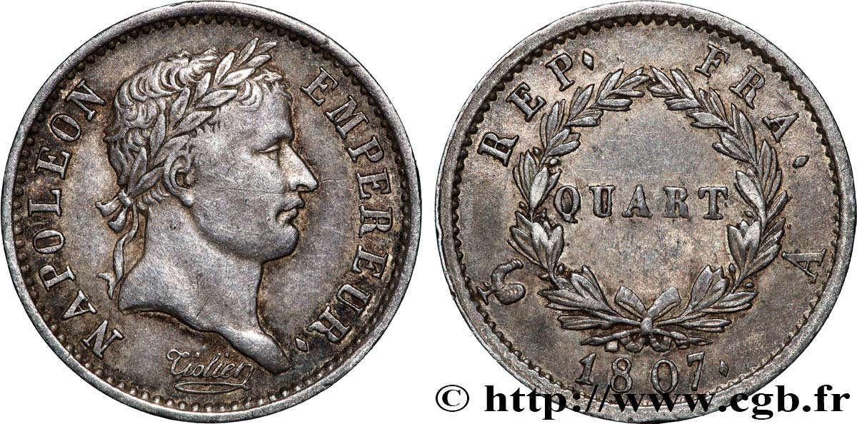 Quart (de franc) Napoléon Ier tête laurée, République française 1807 Paris F.161/1 TTB 