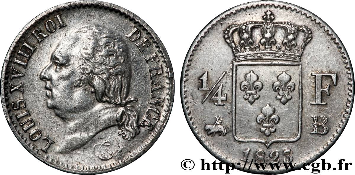 1/4 franc Louis XVIII 1823 Rouen F.163/25 TTB 