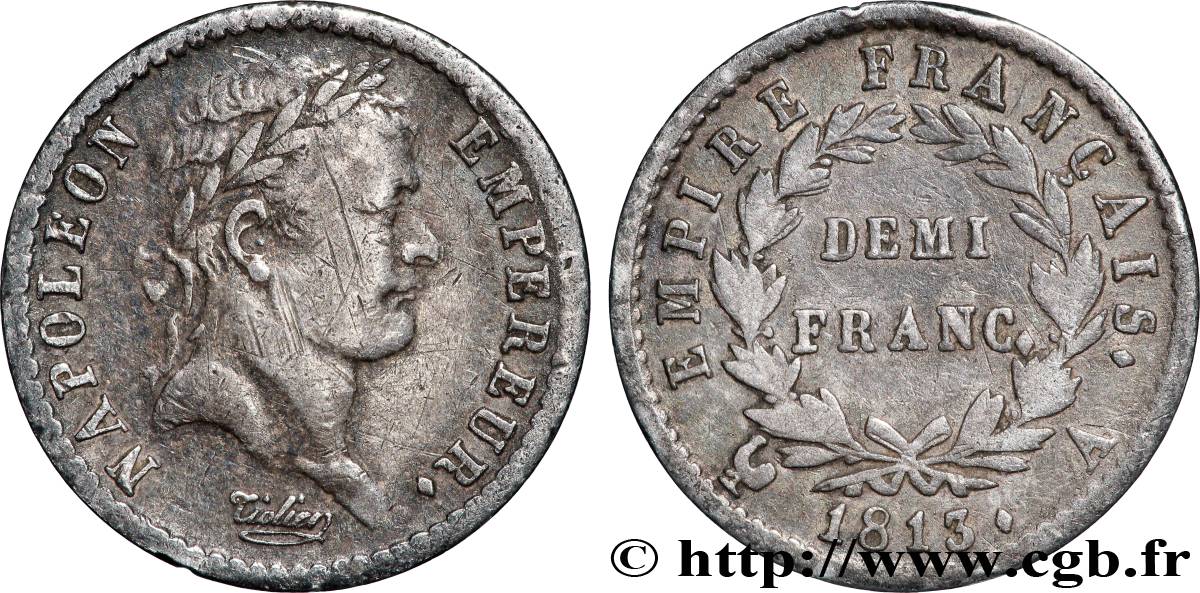 Demi-franc Napoléon Ier tête laurée, Empire français 1813 Paris F.178/49 TB 