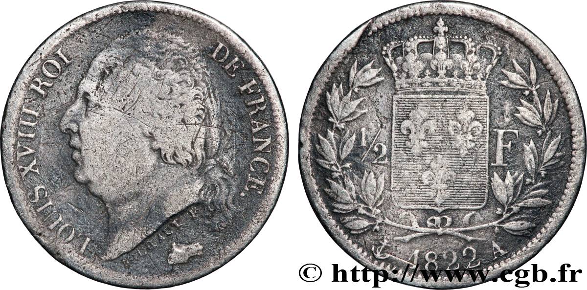 1/2 franc Louis XVIII 1822 Paris F.179/30 B 