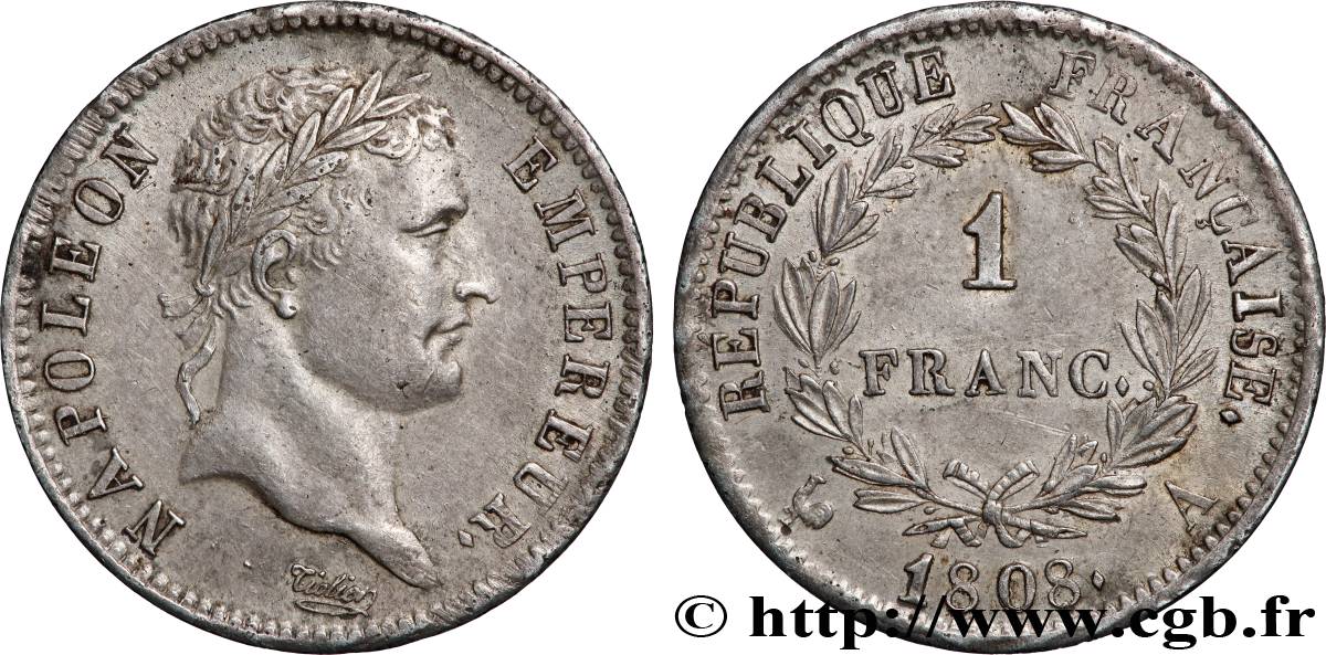 1 franc Napoléon Ier tête laurée, République française 1808 Paris F.204/2 SUP58 