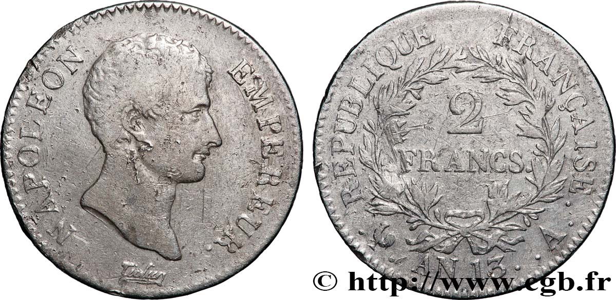 2 francs Napoléon Empereur, Calendrier révolutionnaire 1805 Paris F.251/12 B+ 