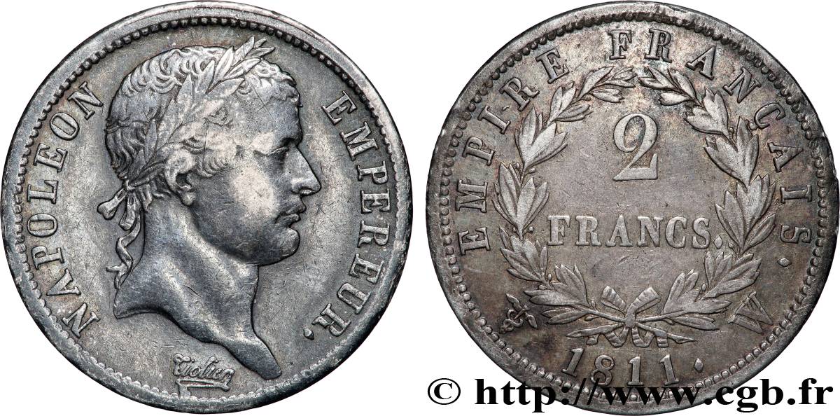 2 francs Napoléon Ier tête laurée, Empire français 1811 Lille F.255/37 TTB 