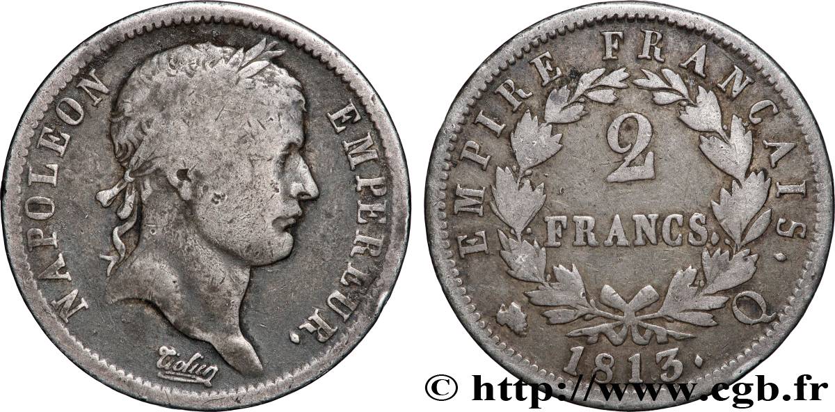 2 francs Napoléon Ier tête laurée, Empire français 1813 Perpignan F.255/62 TB15 