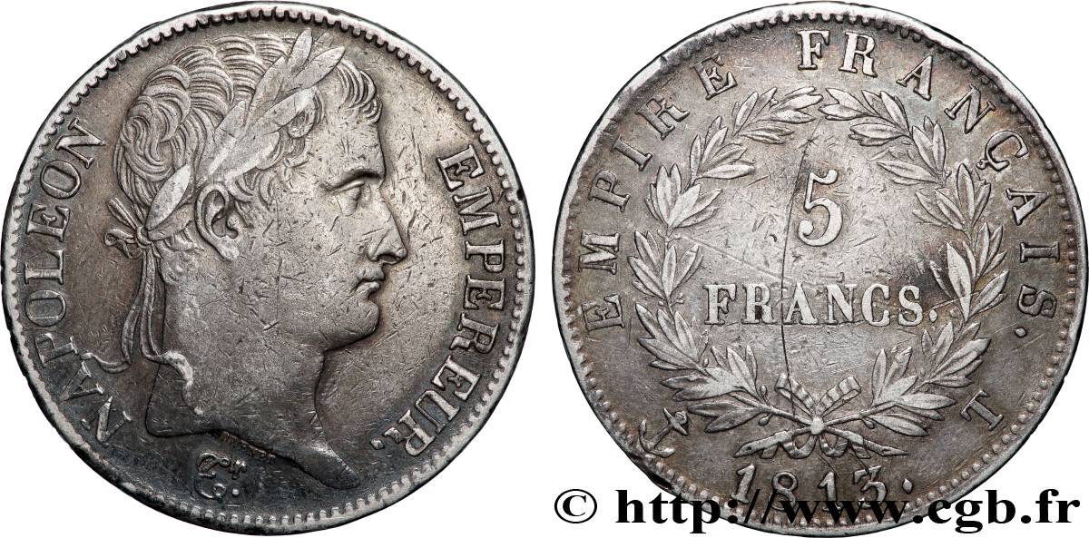 5 francs Napoléon Empereur, Empire français 1813 Nantes F.307/72 TB+ 