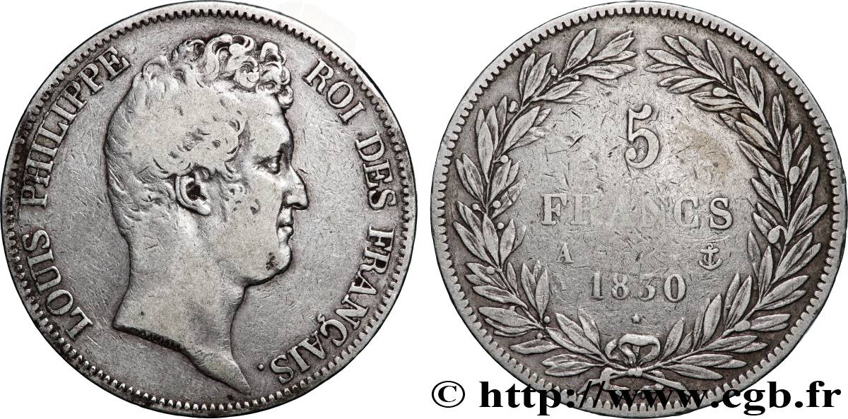 5 francs type Tiolier sans le I, tranche en creux 1830 Paris F.313/1 TB 