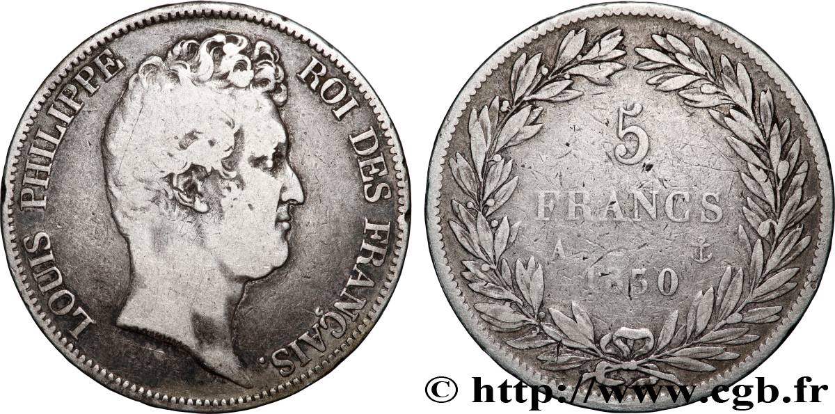 5 francs type Tiolier sans le I, tranche en relief 1830  Paris F.314/1 TB 