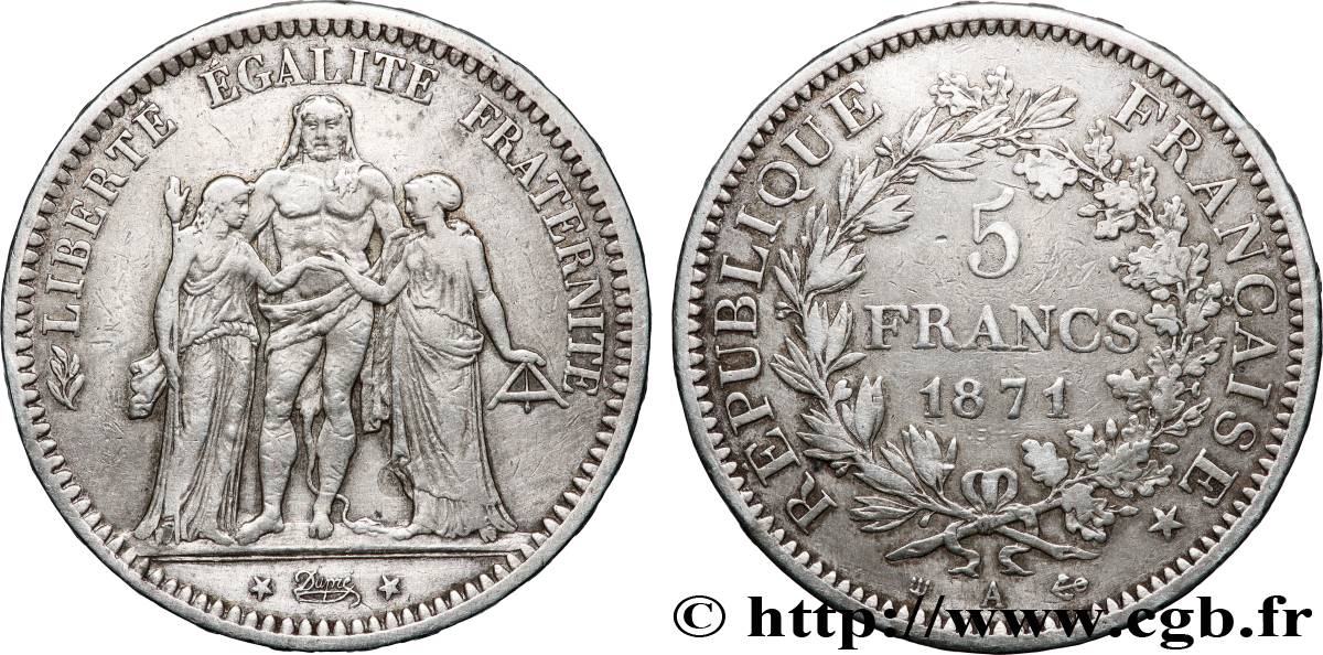 5 francs Hercule, dite “Camélinat” 1871 Paris F.334/4 VF 