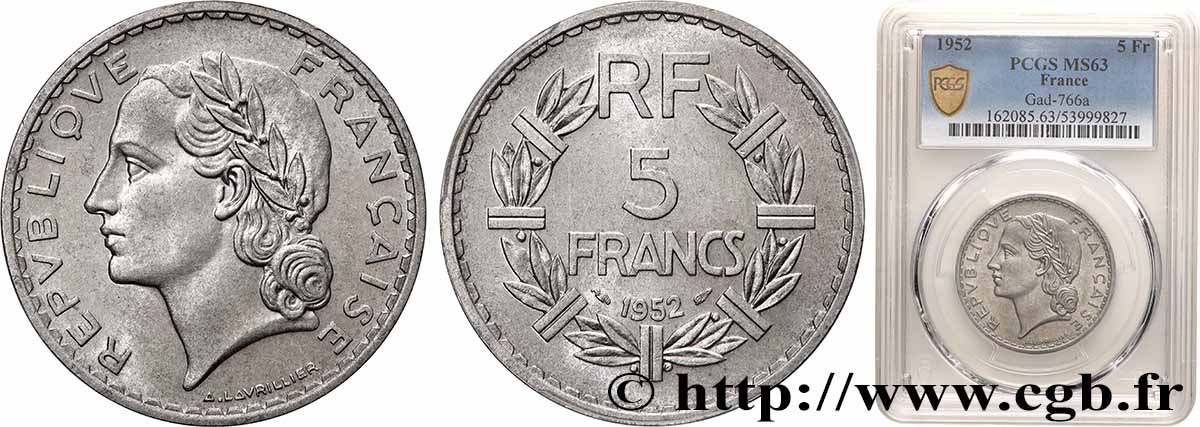 5 francs Lavrillier, aluminium 1952  F.339/22 MS63 PCGS