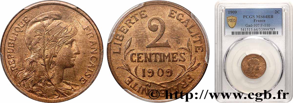 2 centimes Daniel-Dupuis 1909 Paris F.110/12 MS64 PCGS