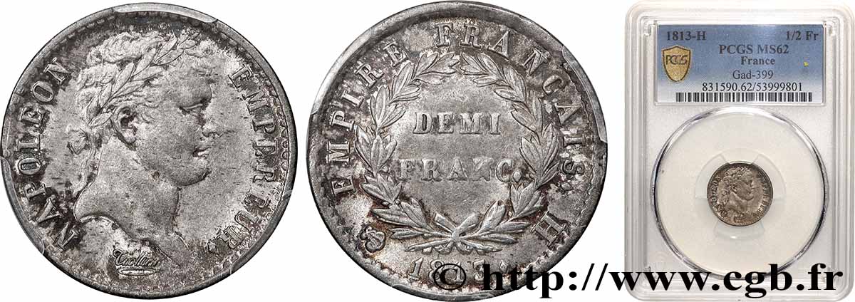 Demi-franc Napoléon Ier tête laurée, Empire français 1813 La Rochelle F.178/53 SUP62 PCGS