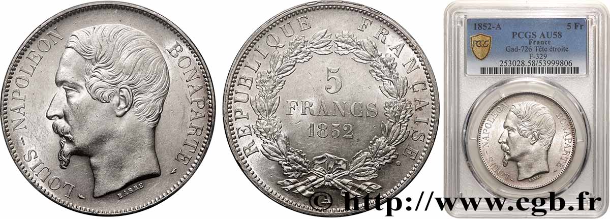 5 francs Louis-Napoléon, 1er type 1852 Paris F.329/1 SUP58 PCGS