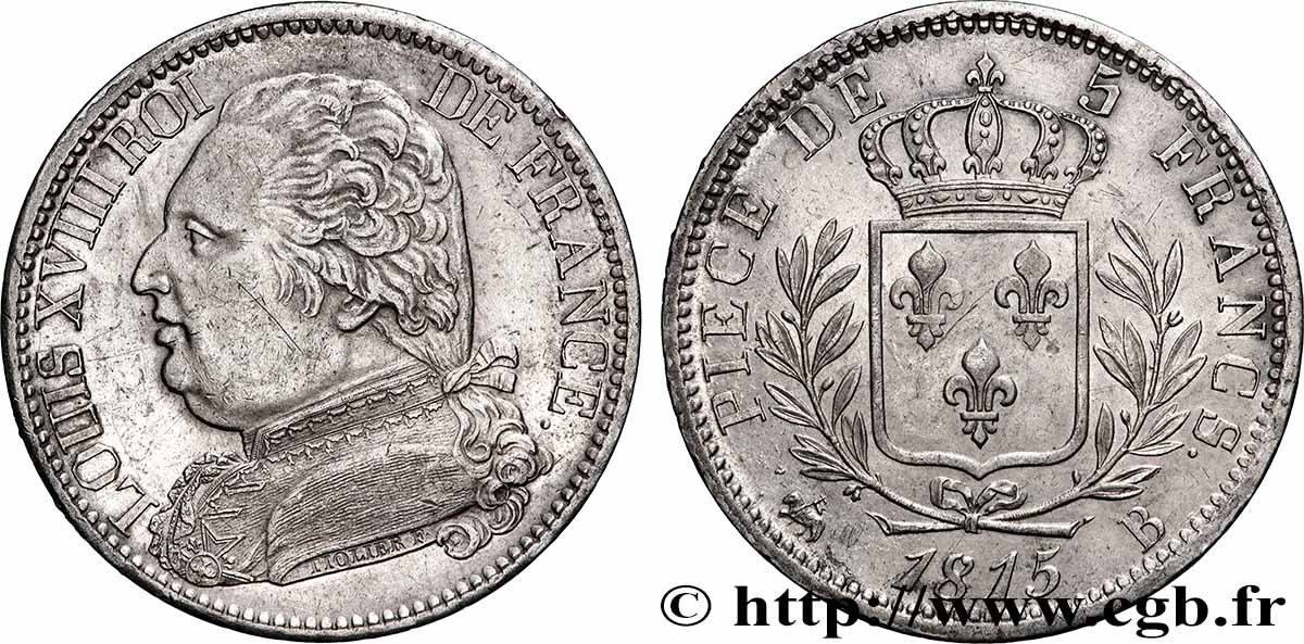 5 francs Louis XVIII, buste habillé 1815 Rouen F.308/16 AU 
