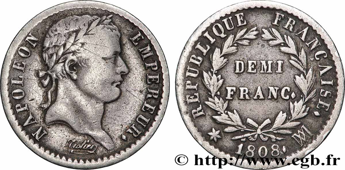 Demi-franc Napoléon Ier tête laurée, République française 1808 Marseille F.177/12 TB+ 