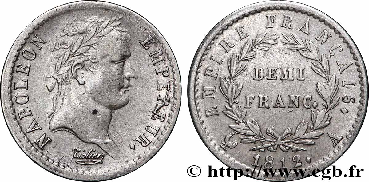 Demi-franc Napoléon Ier tête laurée, Empire français 1812 Paris F.178/35 AU 
