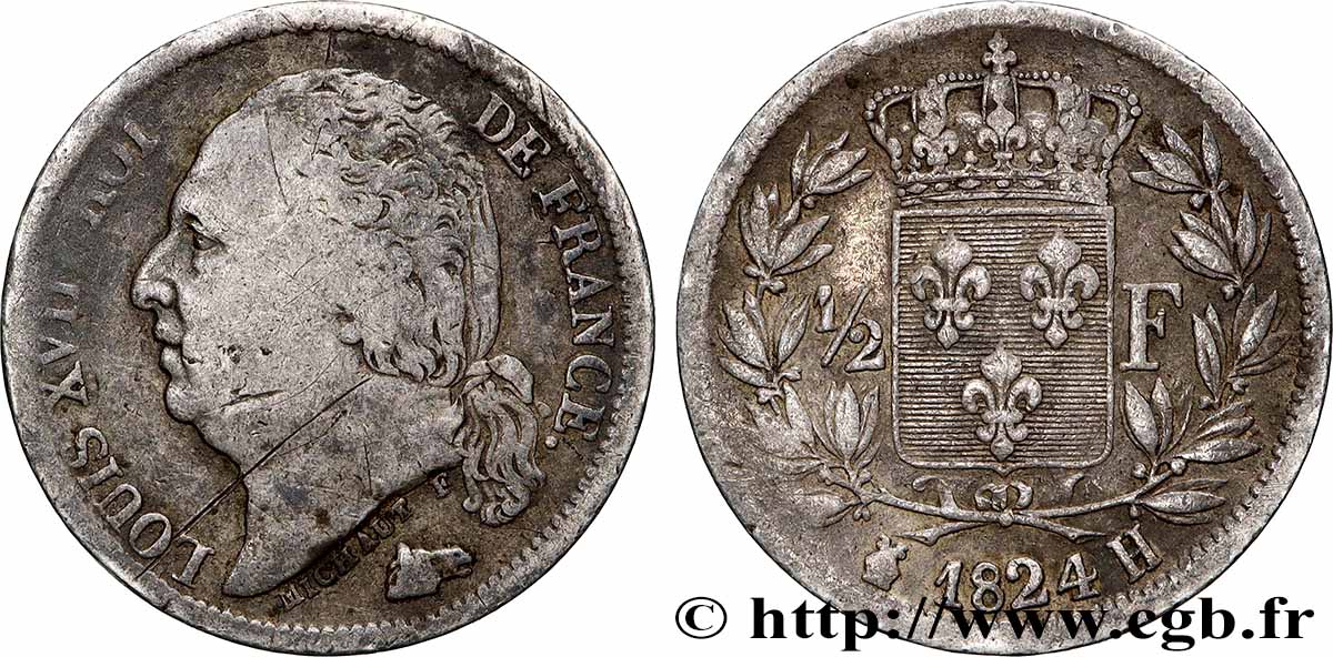1/2 franc Louis XVIII 1824 La Rochelle F.179/46 VF 