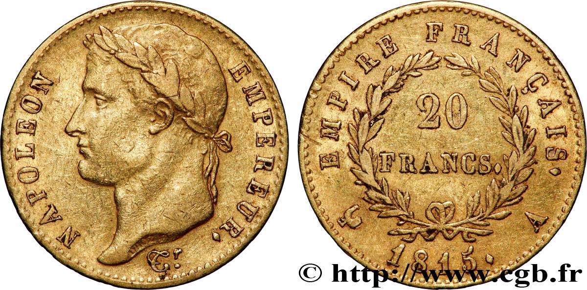 20 francs or Napoléon, tête laurée, Empire français 1815 Paris F.516A/1 q.BB 