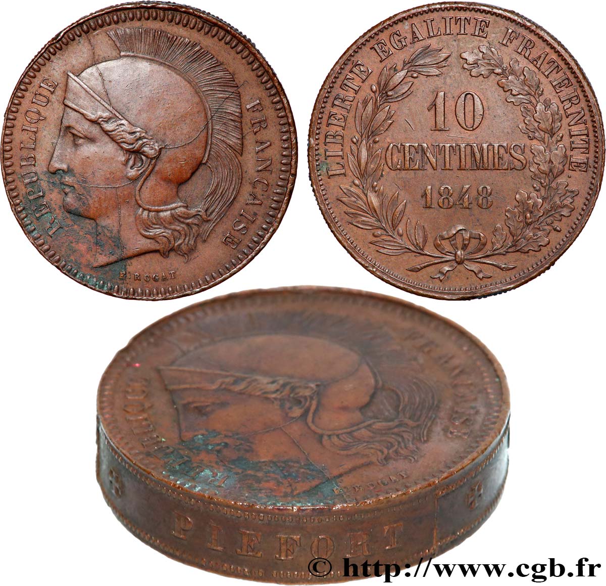 Concours de 10 centimes, piéfort au quadruple (ou double piéfort), par Rogat, deuxième concours, premier revers, tranche inscrite 1848 Paris VG.3170 Pief VZ 