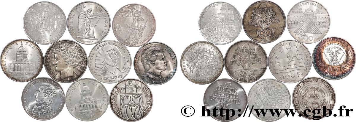 Lot de 10 pièces de 100 francs commémoratives - - F.-/ XF 