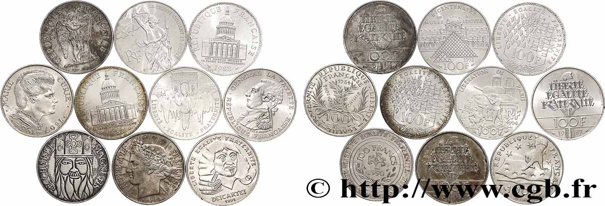 Lot de 10 pièces de 100 francs commémoratives - - F.-/ XF 