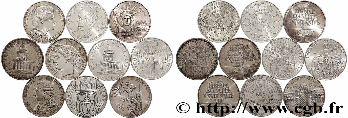 Lot de 10 pièces de 100 francs commémoratives - - F.-/ XF 