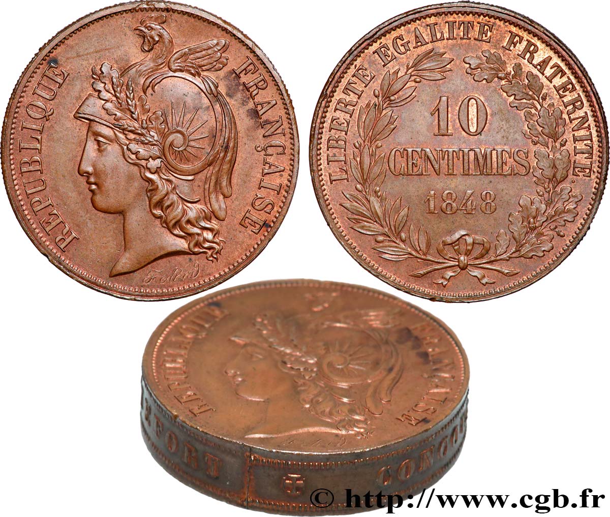 Concours de 10 centimes, piéfort au quadruple (ou double piéfort) d’Alard, premier revers, tranche inscrite 1848 Paris VG.3130 var. SPL+ 