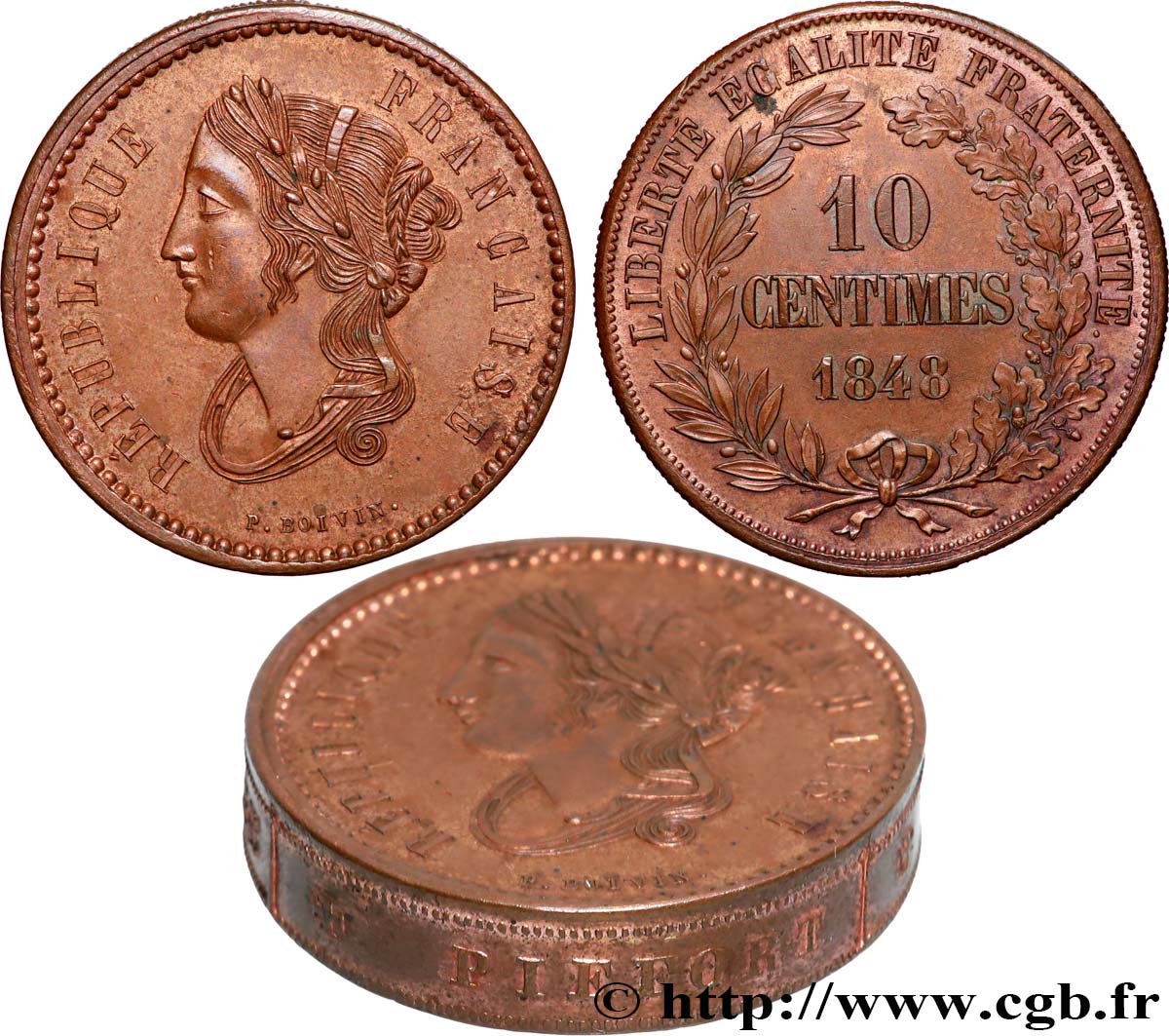Concours de 10 centimes, piéfort au quadruple (ou double piéfort) de Boivin, premier revers, tranche inscrite 1848 Paris VG.3133 Pief SPL+ 