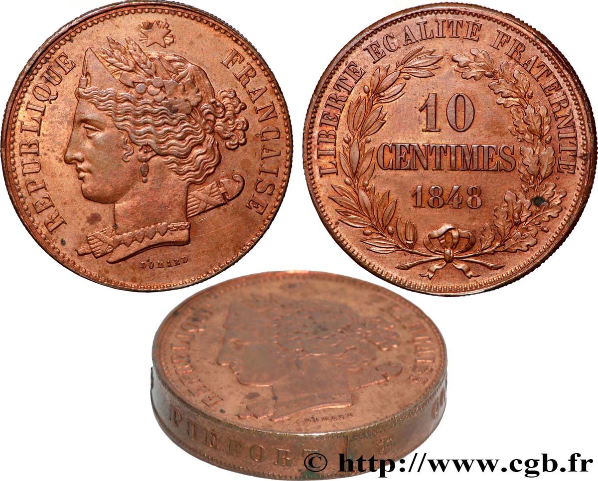 Concours de 10 centimes, piéfort au quadruple (ou double piéfort) de Domard, premier revers, tranche inscrite 1848 Paris VG.3138 var. VZ+ 