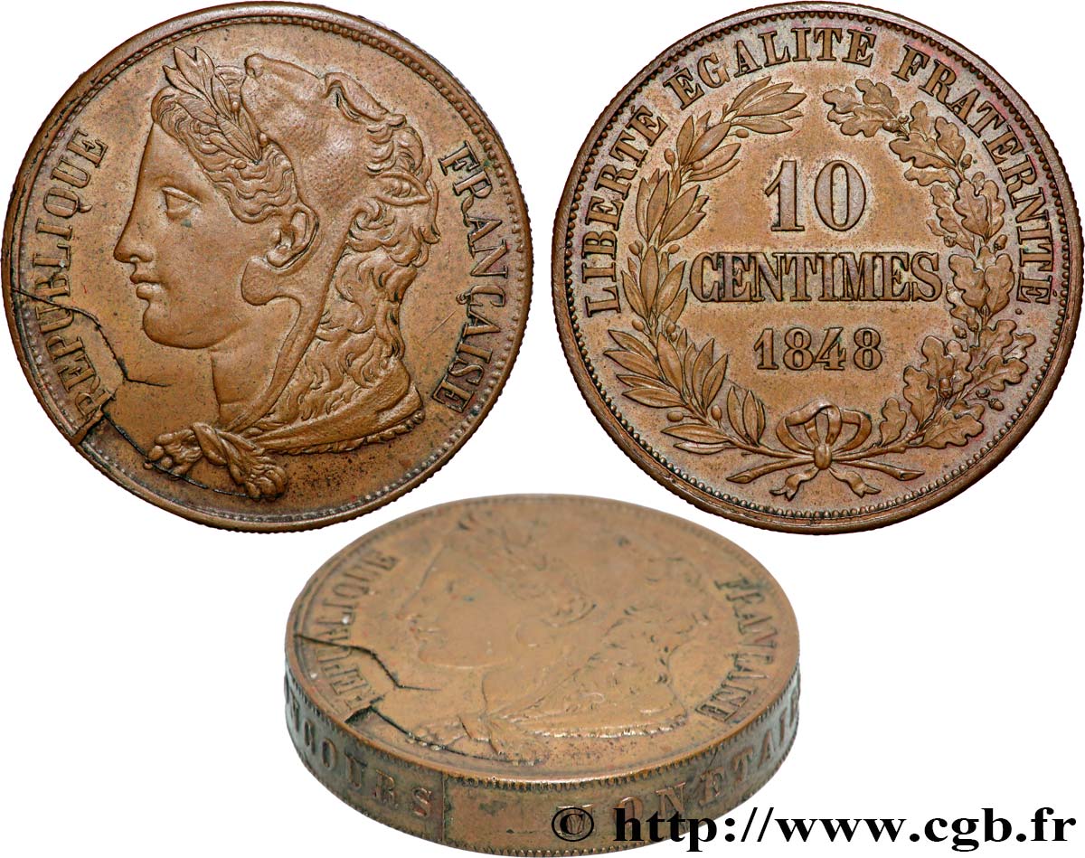 Concours de 10 centimes, piéfort au quadruple (ou double piéfort) de Gayrard, tranche inscrite, deuxième concours 1848 Paris VG.3163 var. MS 
