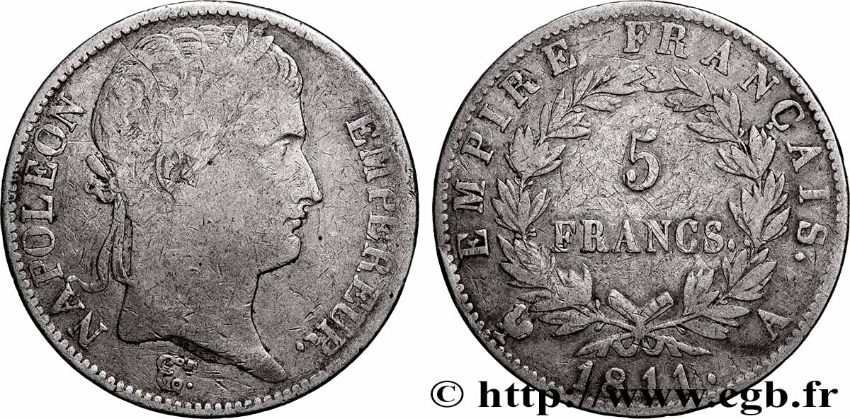 5 francs Napoléon Empereur, Empire français 1811 Paris F.307/27 B+ 
