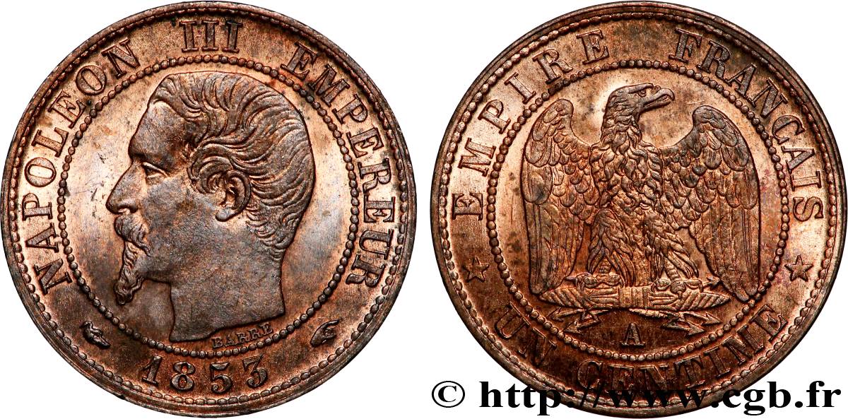 Un centime Napoléon III, tête nue 1853 Paris F.102/1 SPL64 