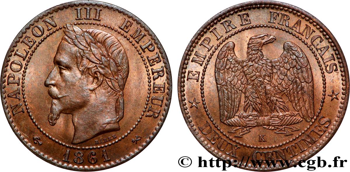 Deux centimes Napoléon III, tête laurée 1861 Bordeaux F.108/3 SUP62 
