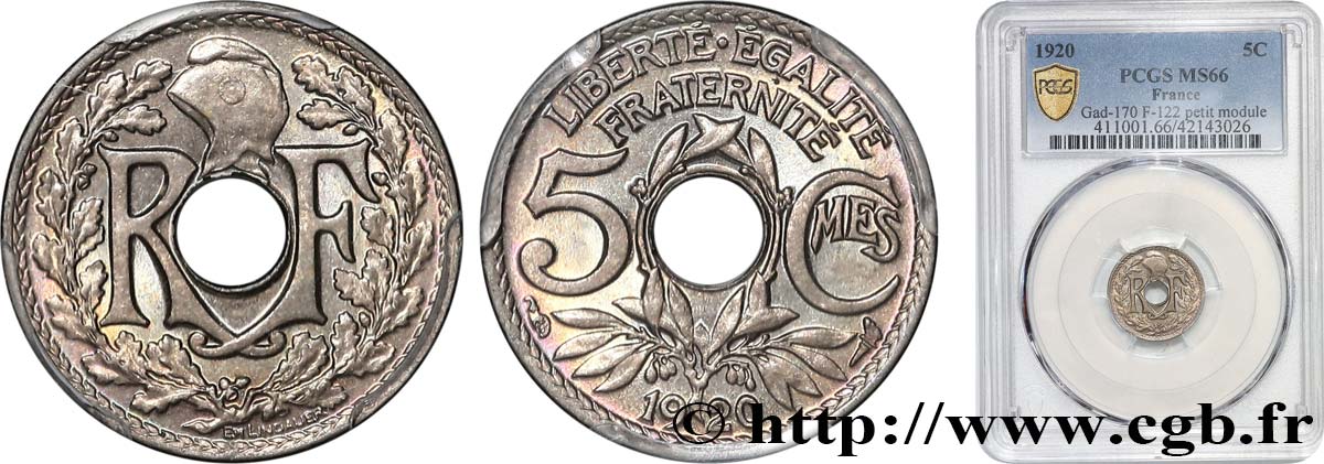 5 centimes Lindauer, petit module 1920  F.122/2 FDC66 PCGS