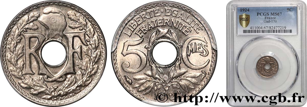 5 centimes Lindauer, petit module 1924  F.122/8 MS67 PCGS
